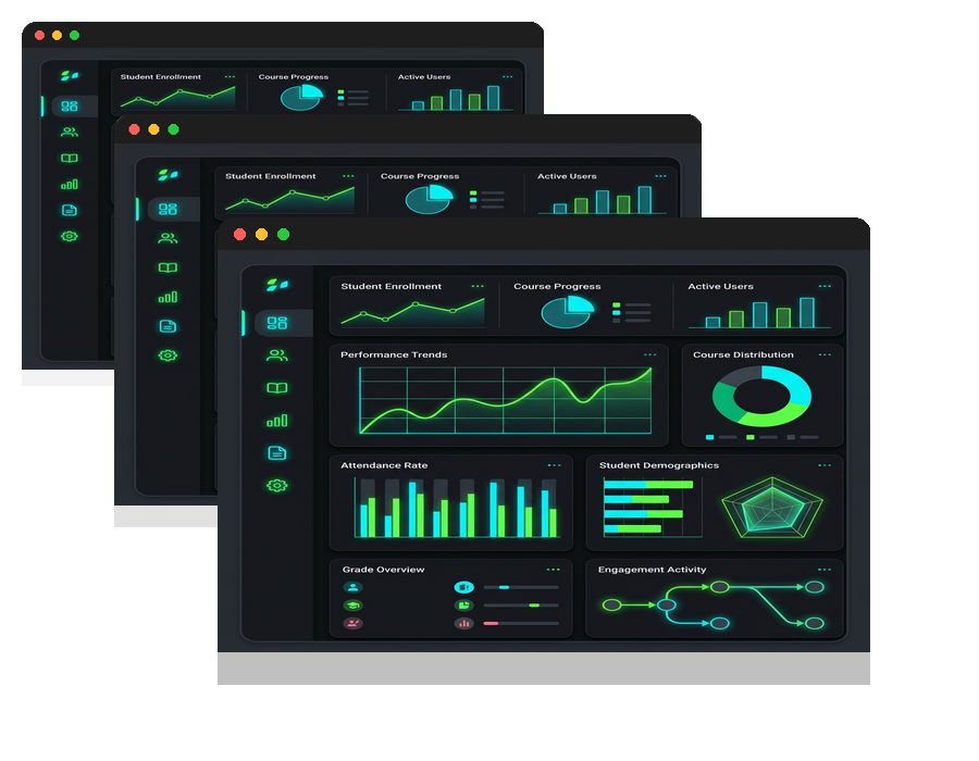 EduManage layered dashboard presentation mockup