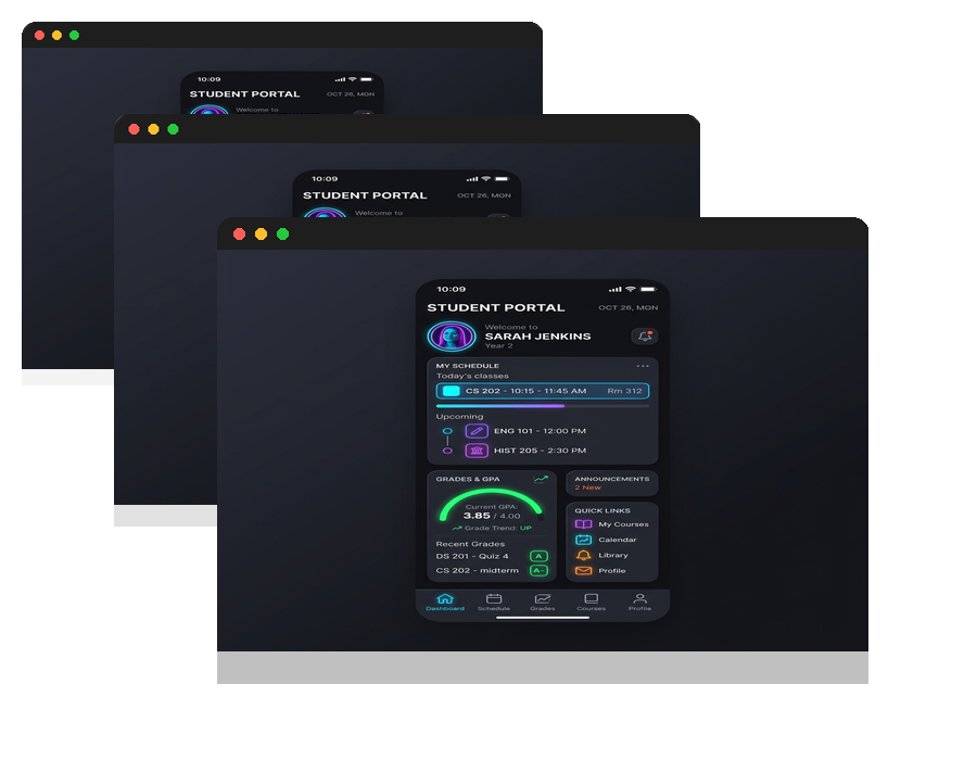 EduManage layered analytics presentation mockup